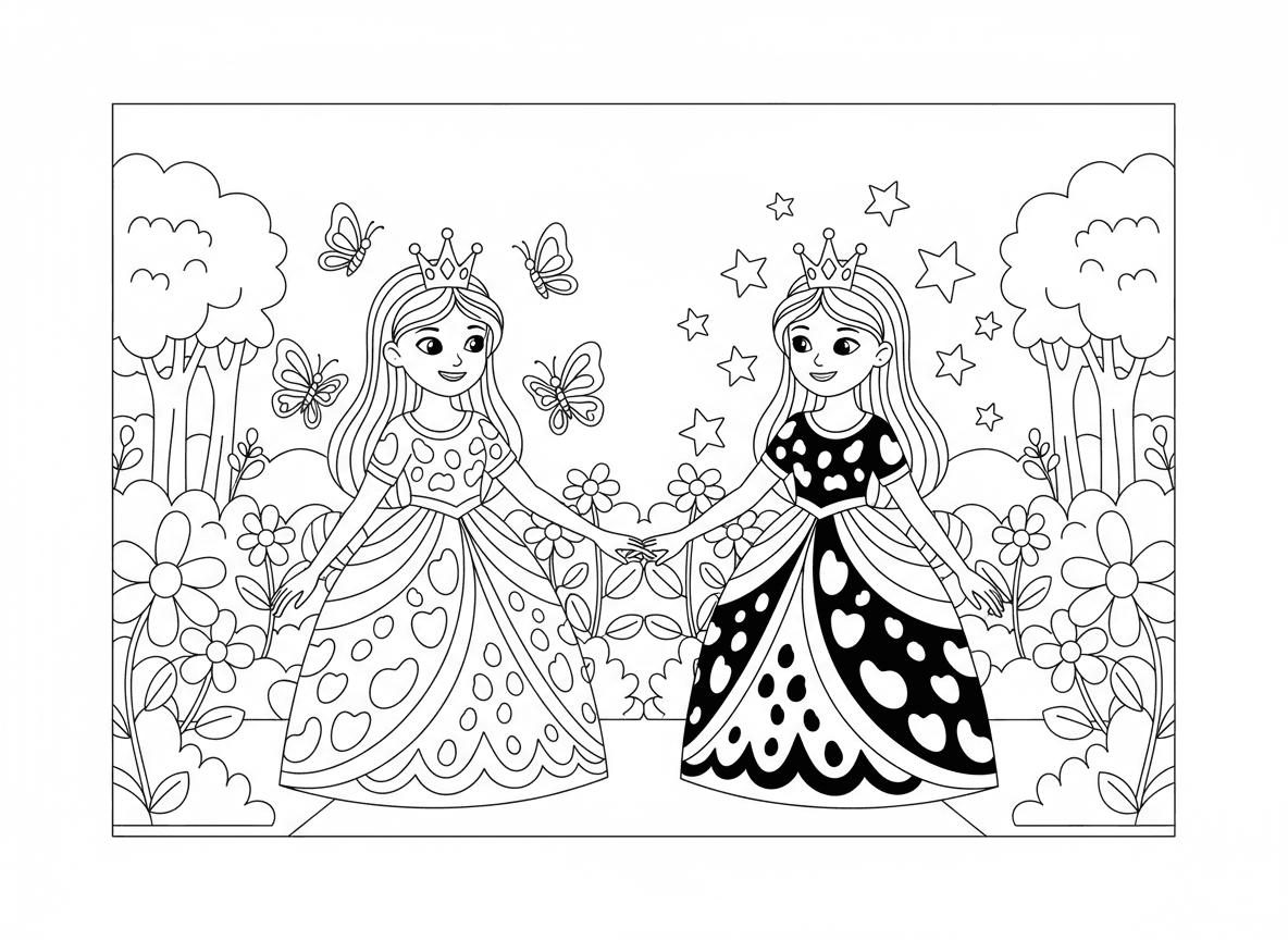 נסיכות תאומות בתמונת מראה - נסיכות תאומות עומדות מול מול כמו השתקפות במראה, אחת בצבעים בהירים ואחת בכהים, כתרים תואמים, מחזיקות ידיים, פרפרים סביב אחת וכוכבים סביב השנייה, גן סימטרי