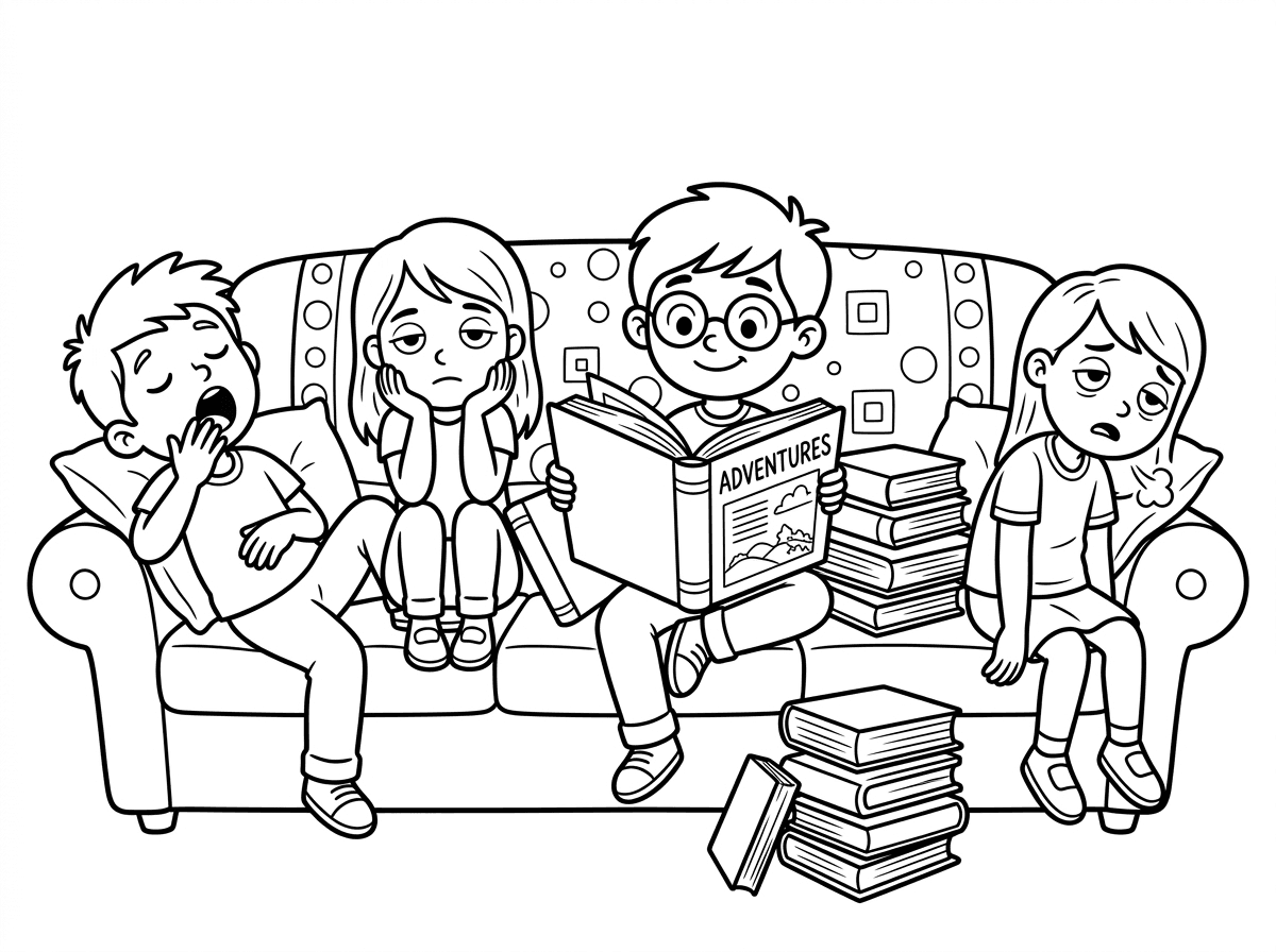 עכשיו תעשה לנו ציור של ילד שאוהב לקרוא ויש לו המון ספרים מסביבו והוא יושב על הספה וקורא וכולם מסביבו משתעממים