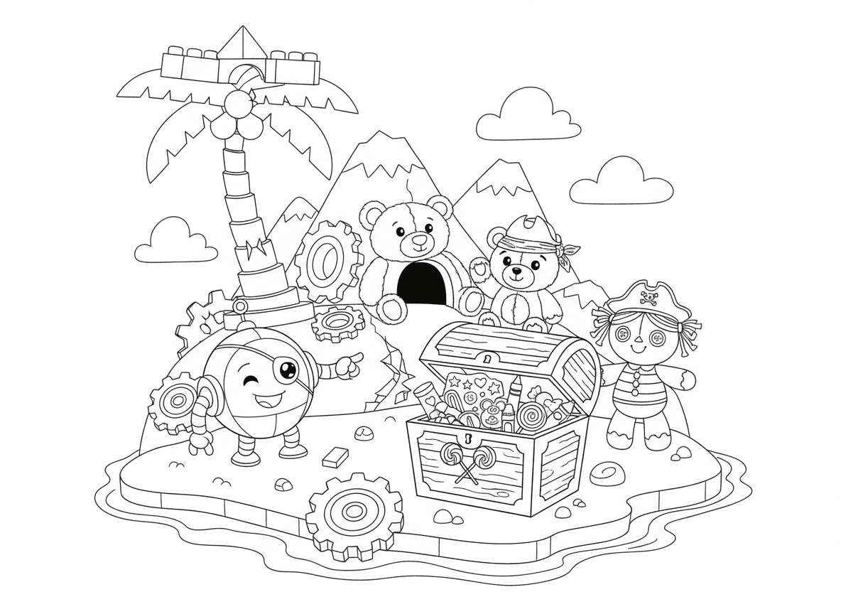 אי המטמון של הצעצועים האבודים
רובוטים, דובים ובובות מחפשים תיבה מלאה במדבקות, צבעים וסוכריות.