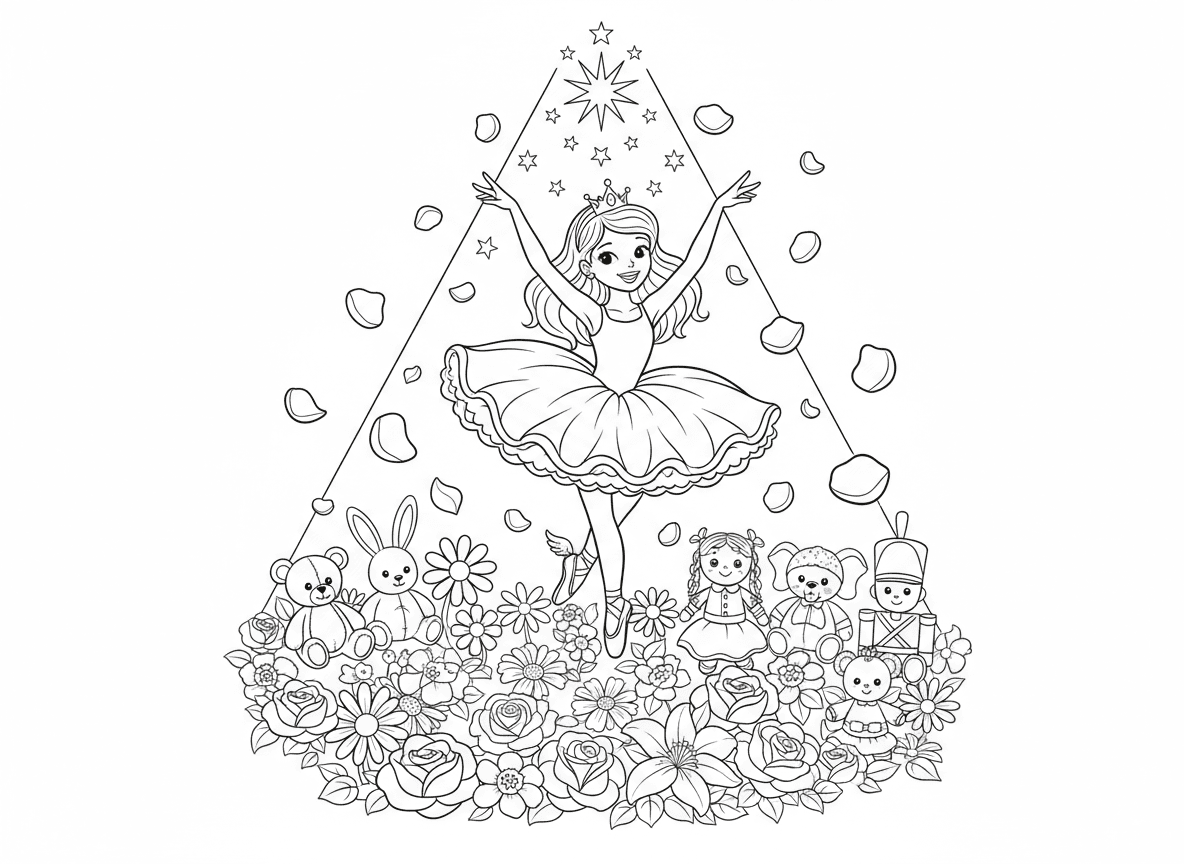 מופע בלט של נסיכה - נסיכה בלרינה בחצאית טוטו וכתר מופיעה על במה עשויה פרחים, זרקור כוכבים, קהל של דובונים ובובות, עלי ורדים נופלים כקונפטי, נעלי בלט עם כנפיים זעירות