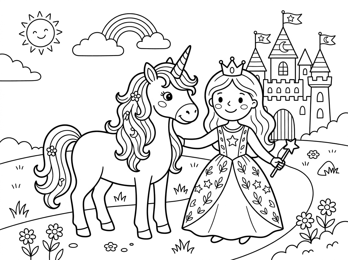 תייצר לי דף צביעה עם חד קרן ונסיכה ליד