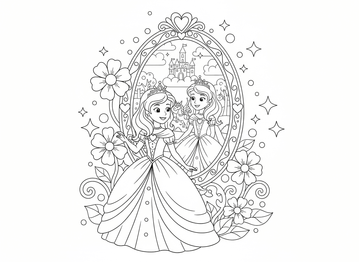 נסיכה והמראה הקסומה - נסיכה מביטה במראה קסומה גדולה ומעוטרת שמראה עולם קסום אחר בפנים, ההשתקפות שלה לובשת שמלה אחרת, פרחים גדלים ממסגרת המראה, נצנוצים בכל מקום