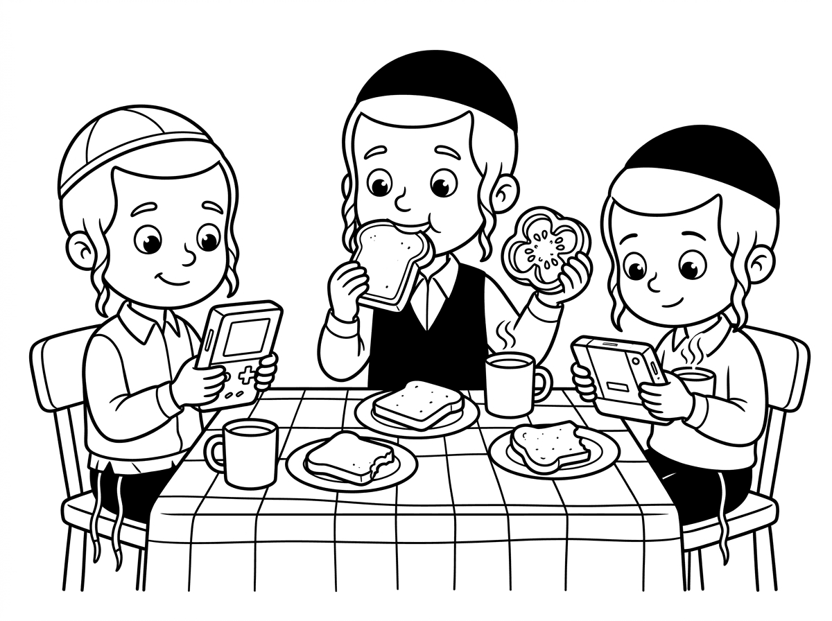 "אני רוצה לדייק אותך. שנייה. אני רוצה לדייק אותך. אני רוצה שזה שלושה ילדים מצוירים. אה...הם אוכלים טוסטים, מעולה. תעשה ששניים מתוכם משחקים גיימבוי ושלשותם שותים קפה. תודה רבה לך. וגם פלפל אדום אחד מהם אוכל."