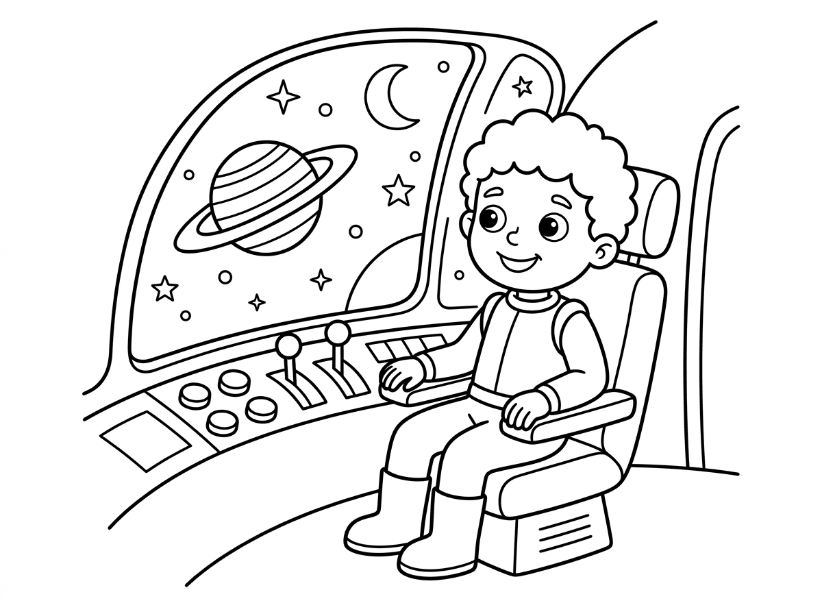 אשמח לדף ציור עם ילד בתוך חללית