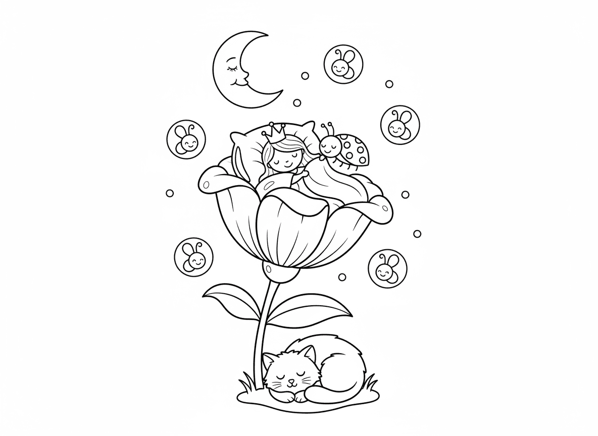 נסיכה ישנה במיטת פרחים - נסיכה זעירה ישנה בשלווה בפרח ענק כמו מיטה, עלי כותרת כשמיכות, טיפות טל ככריות, חיפושית מכסה אותה, גחליליות כנורות לילה, ירח מחייך מעל, חתול מכורבל לרגליה