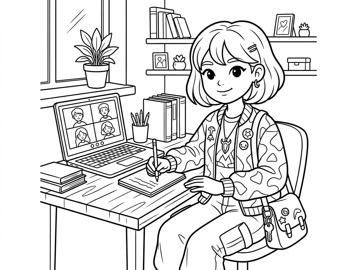 תן לי דף צביעה של רומי מצידות השדים של הקיי פופ לומדת מהבית דרך הזום