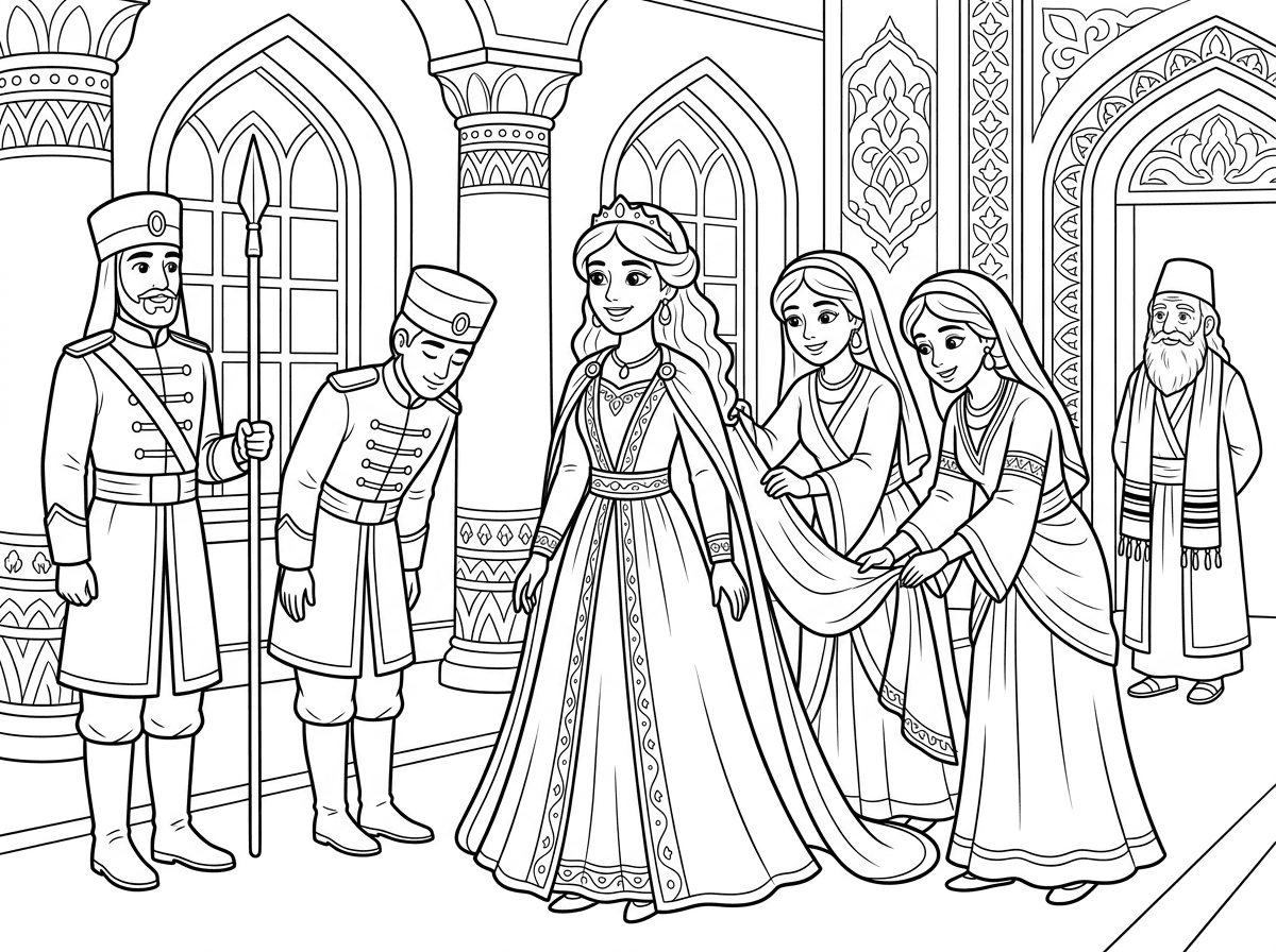 הי, אני רוצה דף צביעה לגיל 6-8, קווים עדינים ומפורטים:

אסתר המלכה בארמון פרסי, לבושה שמלת נסיכה פרסית - יפה אבל לא מוגזמת ולא מנופחת מדי - ותכשיטים יפים אבל פשוטים ולידה שני עוזרים, אחד עומד דום ואחד קד קידה, ובצד השני שלה 2 נערות עוזרות, מטפלות בדברים בלבוש שלה, שלבושות בבגדים יפים גם הן.

ברקע אולם האורחים / האוכל בארמון פרסי, רחוק ברקע או בצד מרדכי היהודי, איש עם זקן לבן וציצית ותרבוש פרסי של פעם.

ציור בקווים נקיים, לא פירוט יתר, כולם מחויכים ויפים.