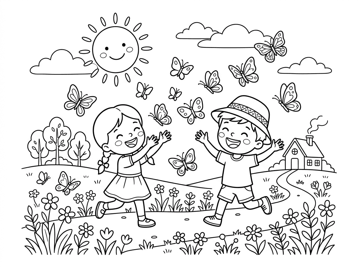 אשמח לדף צביעה שמתאים לעונת האביב- שמש נעימה והרבה פרפרים. אםשר גם להוסיף ילד וילדה שמחים. הילד עם כובע שמש על הראש