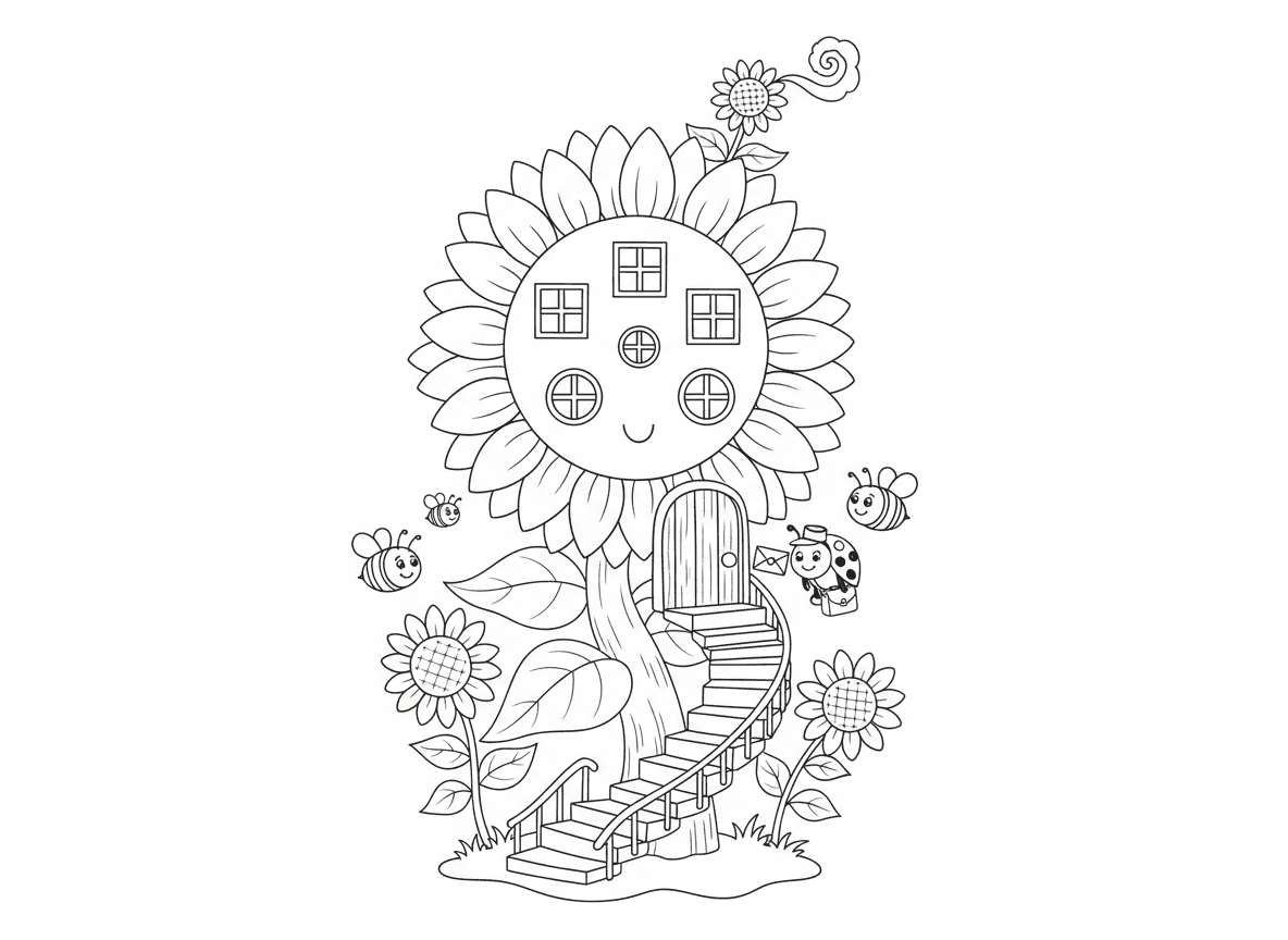 בית חמנייה ענקי - חמנייה ענקית שהיא גם בית, עם חלונות בעלי הכותרת, דלת בגבעול, ארובה מחמנייה קטנה, דבורים כשכנים, חיפושית דוור, מדרגות עלים