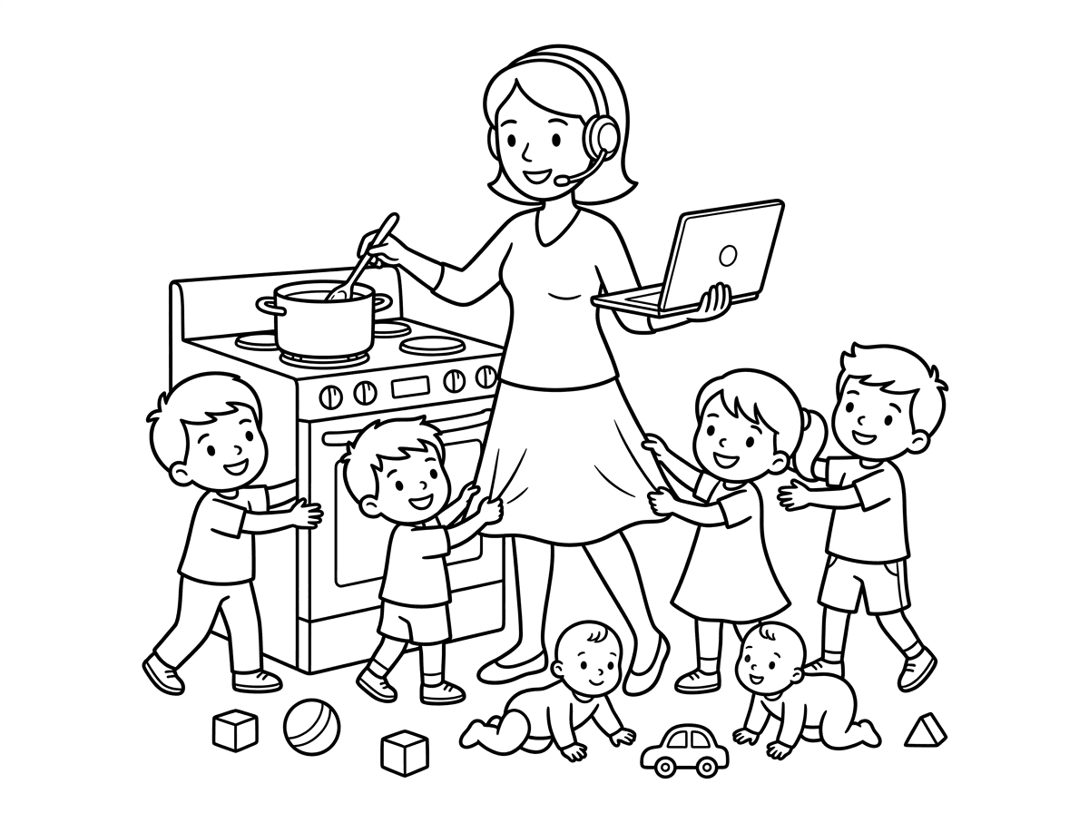 תכין לי דף צביעה של אמא עם מחשב ביד אחת , ביד נשניה מערבבת ארוחת צהריים שיהיה לה אוזניה של שרות לקוחות באוזן וש 4 בנים ובת ימשכו לה בחצאית ותינוק יזחל על הרפה שתהיה זרועה בצעצועים