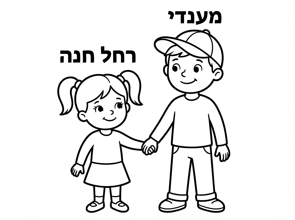 ‏שלום אני רוצה שתיצור לי בבקשה דף צביעה של שתי אחים ילדה קטנה והיא ילד גדול יותר ומעל הילדה תרשום רחל חנה ומעל הילד תרשום מענדי