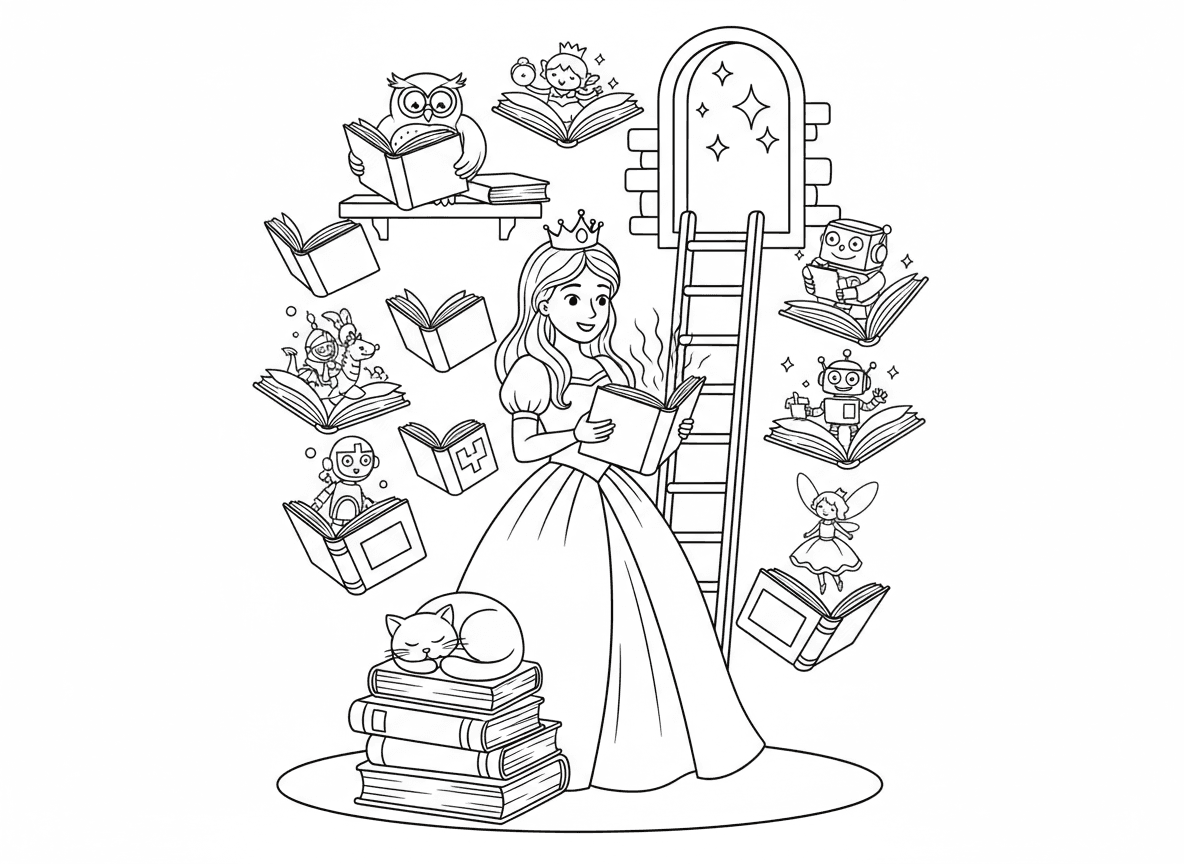 נסיכה עם ספרייה קסומה - נסיכה בספריית מגדל מלאה בספרים מרחפים, קוראת ספר זוהר, דמויות יוצאות לחיים מהדפים, סולם מגיע עד הכוכבים, ינשוף ספרן, חתול ישן על ערימת ספרים