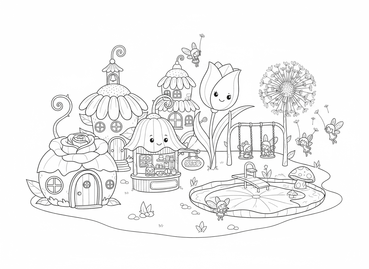 כפר פיות פרחים - כפר זעיר שכל בית הוא פרח שונה, בית ורד, חנות צבעוני, בית ספר חיננית, בריכת שחייה שושנת מים, גן משחקים מצנחי שן הארי, גגות עלי כותרת, ארובות גבעולים