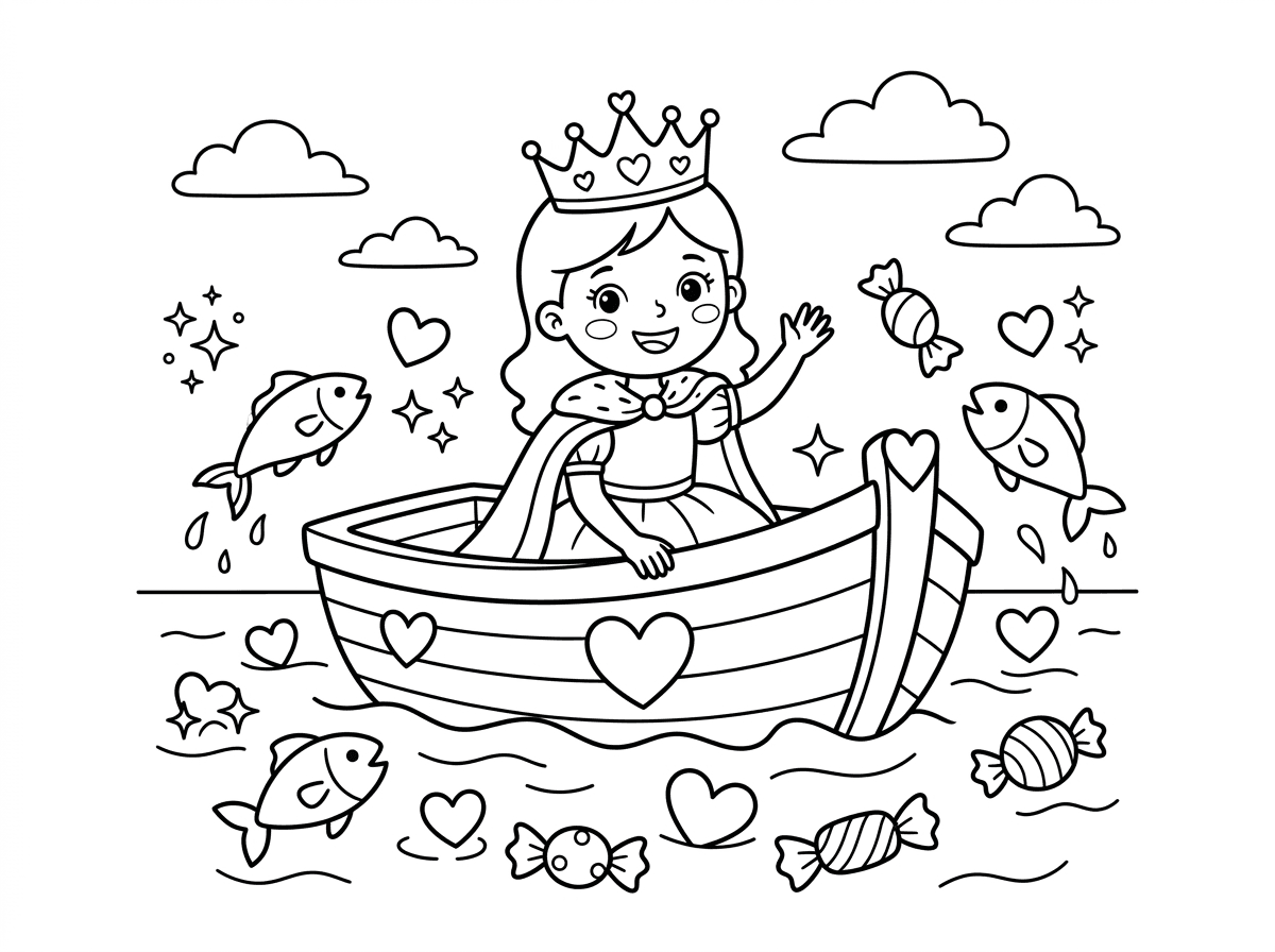 את מלכת אהבת ישראל יושבת בתוך סירה בים עם הרבה לבבות וסוכריות ונצנצים