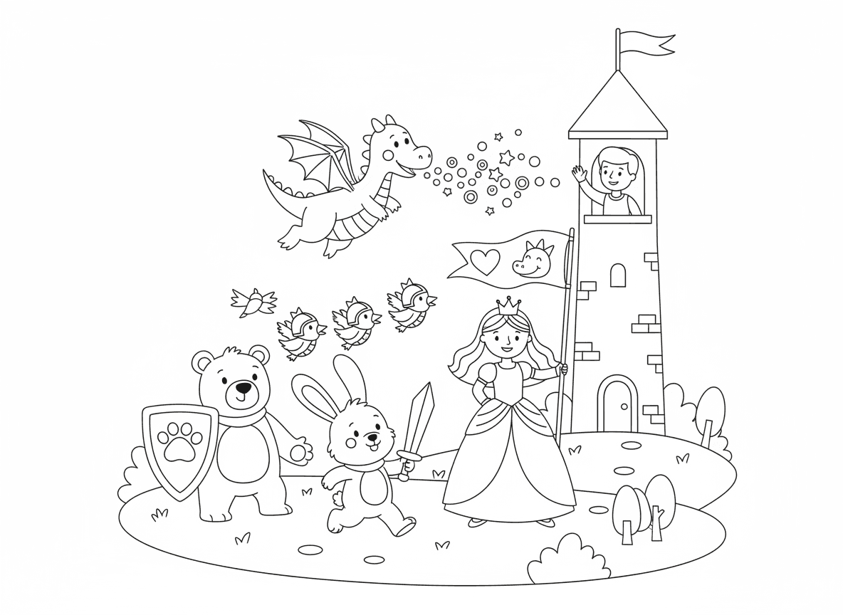 נסיכה במשימת הצלה עם אבירי חיות - נסיכה אמיצה מובילה צבא אבירי חיות להציל נסיך ממגדל, ארנב אביר עם חרב זעירה, דוב אביר עם מגן, ציפורים סיירות עפות קדימה, דרקון בעל ברית נושף קונפטי