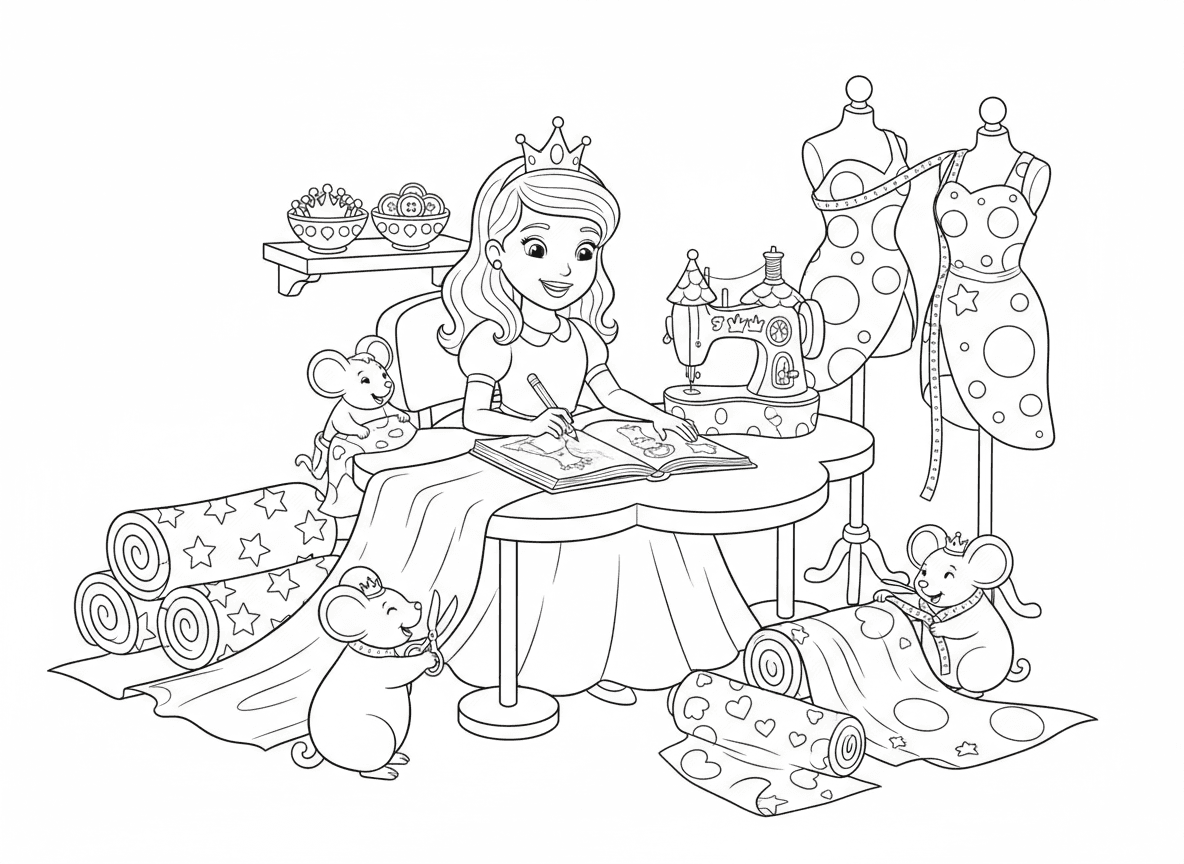 סטודיו עיצוב אופנה של נסיכה - נסיכה מעצבת שמלות יפהפיות בסטודיו שלה, בובות תצוגה עם שמלות נוצצות, גלילי בד בכל מקום, מכונת תפירה בצורת טירה, עכברים עוזרים מודדים וגוזרים, כפתורים בצורת כתר