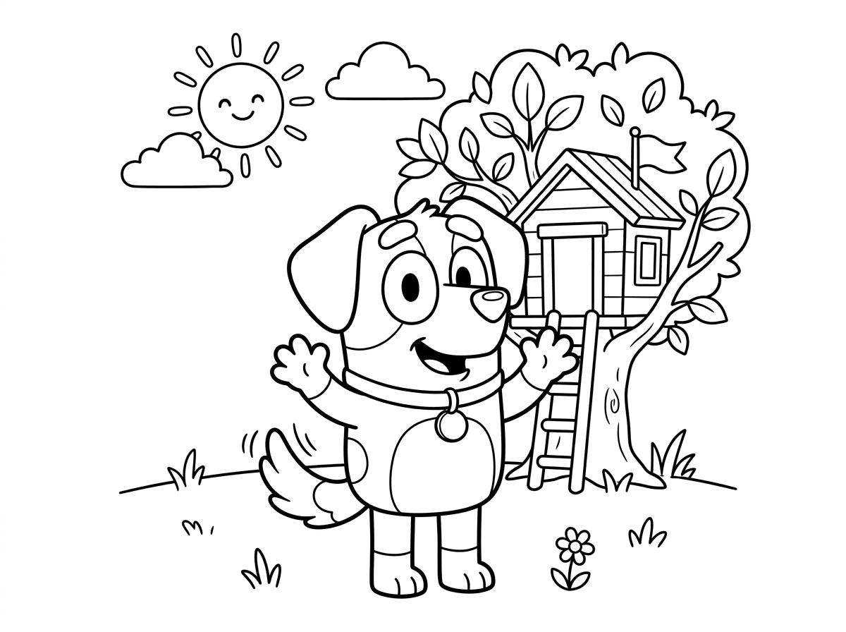 תצייר כלב חמוד כמו בלואי ובינגו בסגנון מצויר של פיקסאר שיהיה מסביב בית עץ ושמש בקווים פשוטים לילדים קטנים