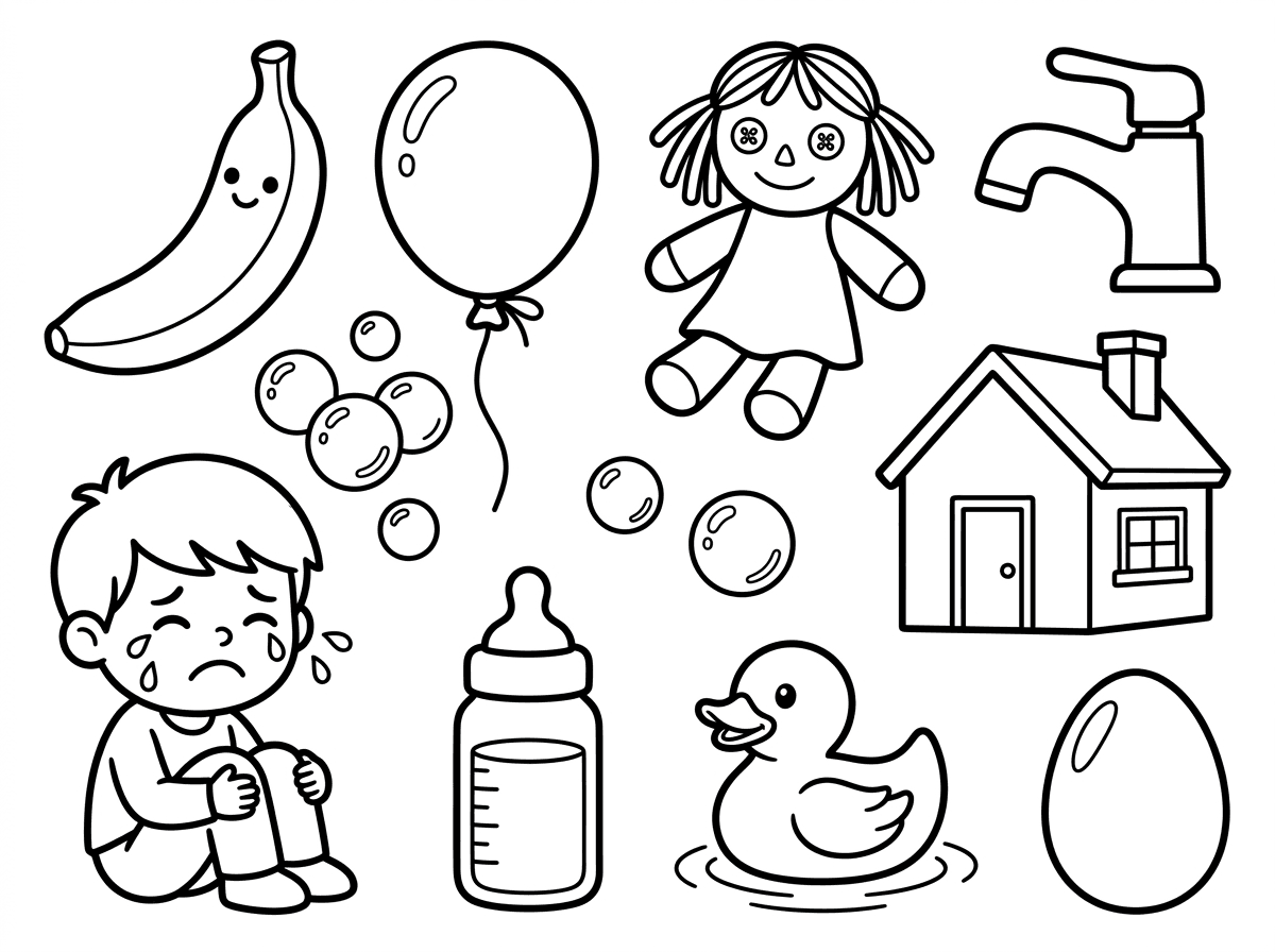 צור לי דף צביעה שמופיעים בו הפריטים הבאים: בננה, בלון, בובה, ברז, בועות, ילד בוכה, בית, בקבוק, ברווז, ביצה