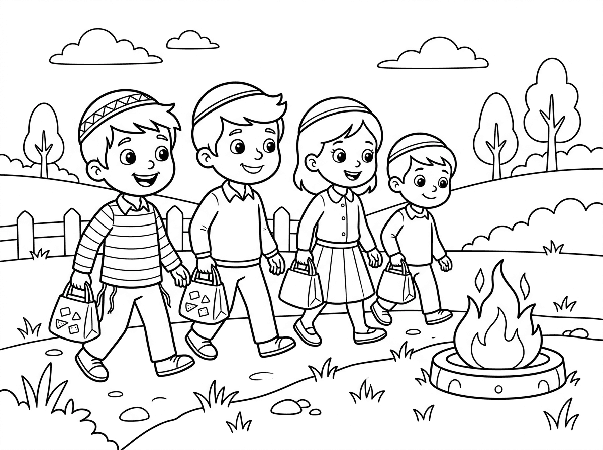 ילדים עם כיפה הולכים לזרוק חמץ בשריפת חמץ