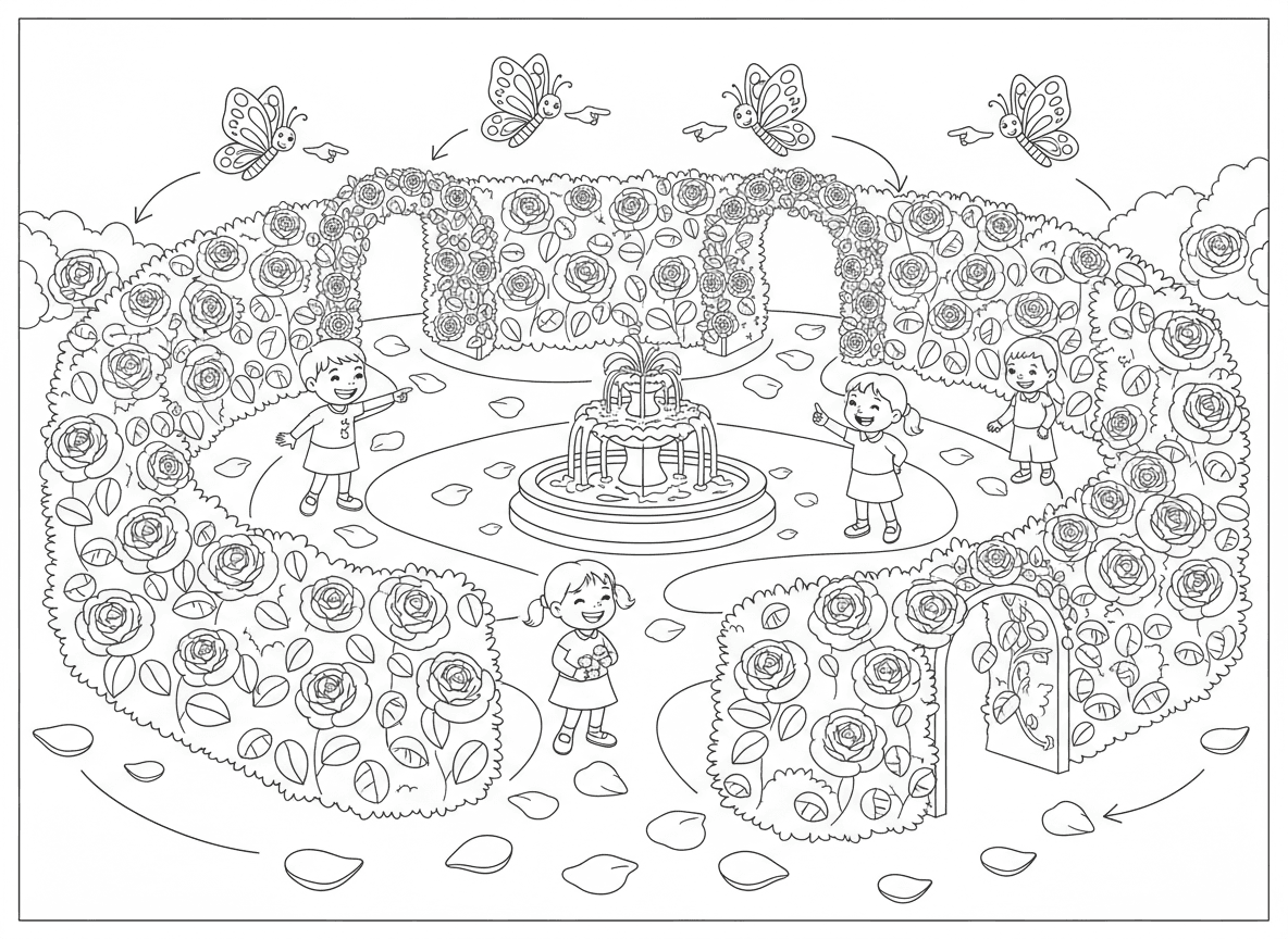 מבוך גן ורדים - מבוך יפהפה עשוי שיחי ורדים גבוהים, ילדים מוצאים את דרכם, פרפרים נותנים כיוונים, מזרקה במרכז, קשתות ורדים מטפסים, עלי כותרת על הרצפה כסימני שביל