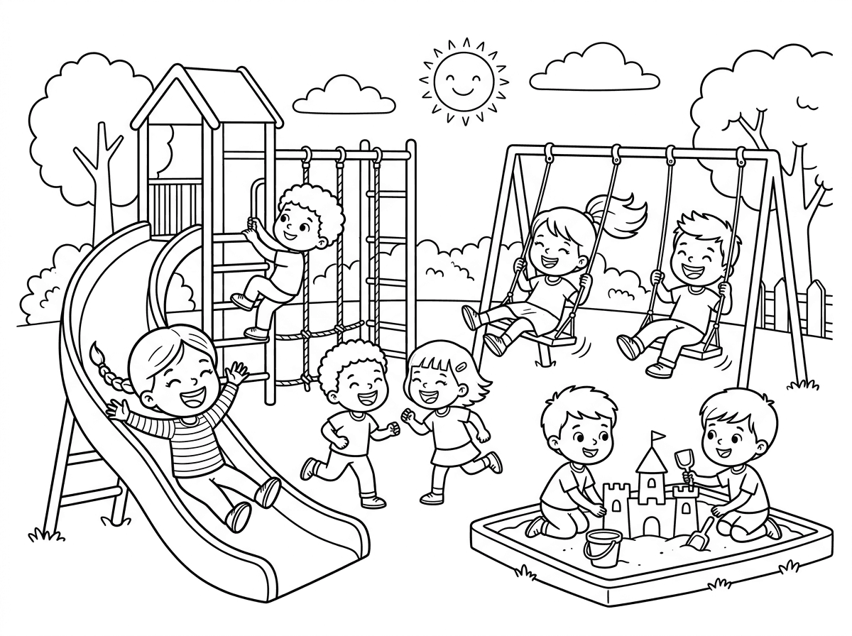 צור לי דף צביעה של ילדים משחקים בגן שעשועים