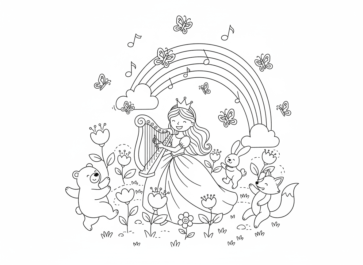 קונצרט מוזיקה של נסיכה באחו - נסיכה מנגנת בנבל קסום באחו פרחים, תווים מוזיקליים מרחפים כפרפרים, חיות רוקדות למוזיקה, קשת בענן עולה ממיתרי הנבל, פרחים פורחים עם כל תו