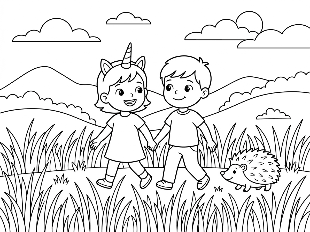 תעשה לי דף צביעה של 2 ילדים הולכים בדשא ולאחד יש קרן ויש שם קיפוד