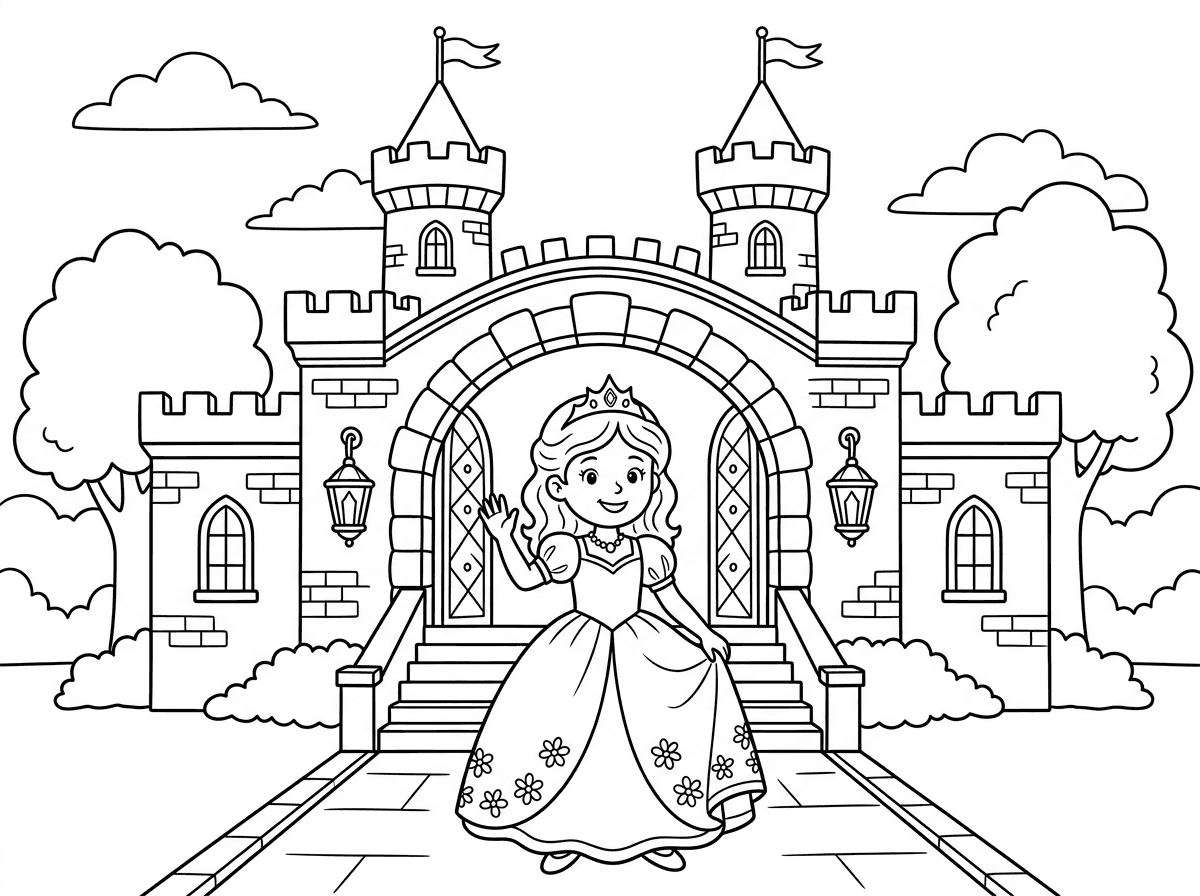 תיצור לי דף צביעה של נסיכה שנמצאת בפתח ארמון