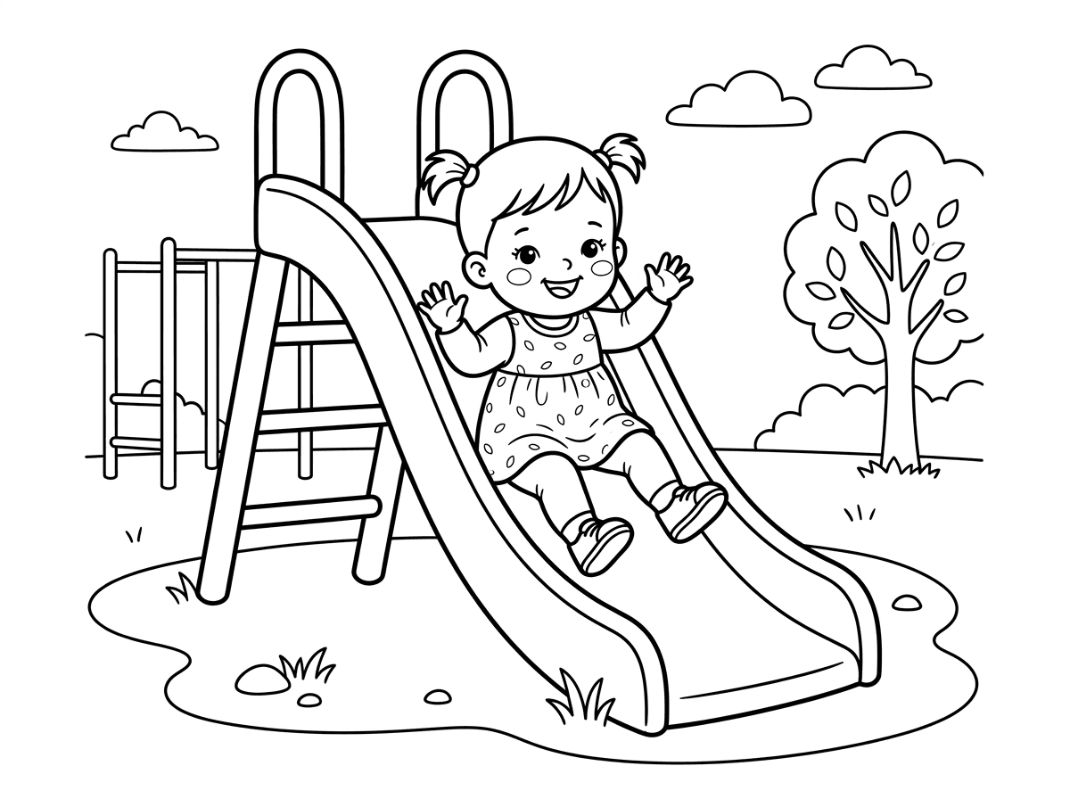 הי אשמח לדף צביעה של תינוקת בת שנה מתגלשת במגלשה