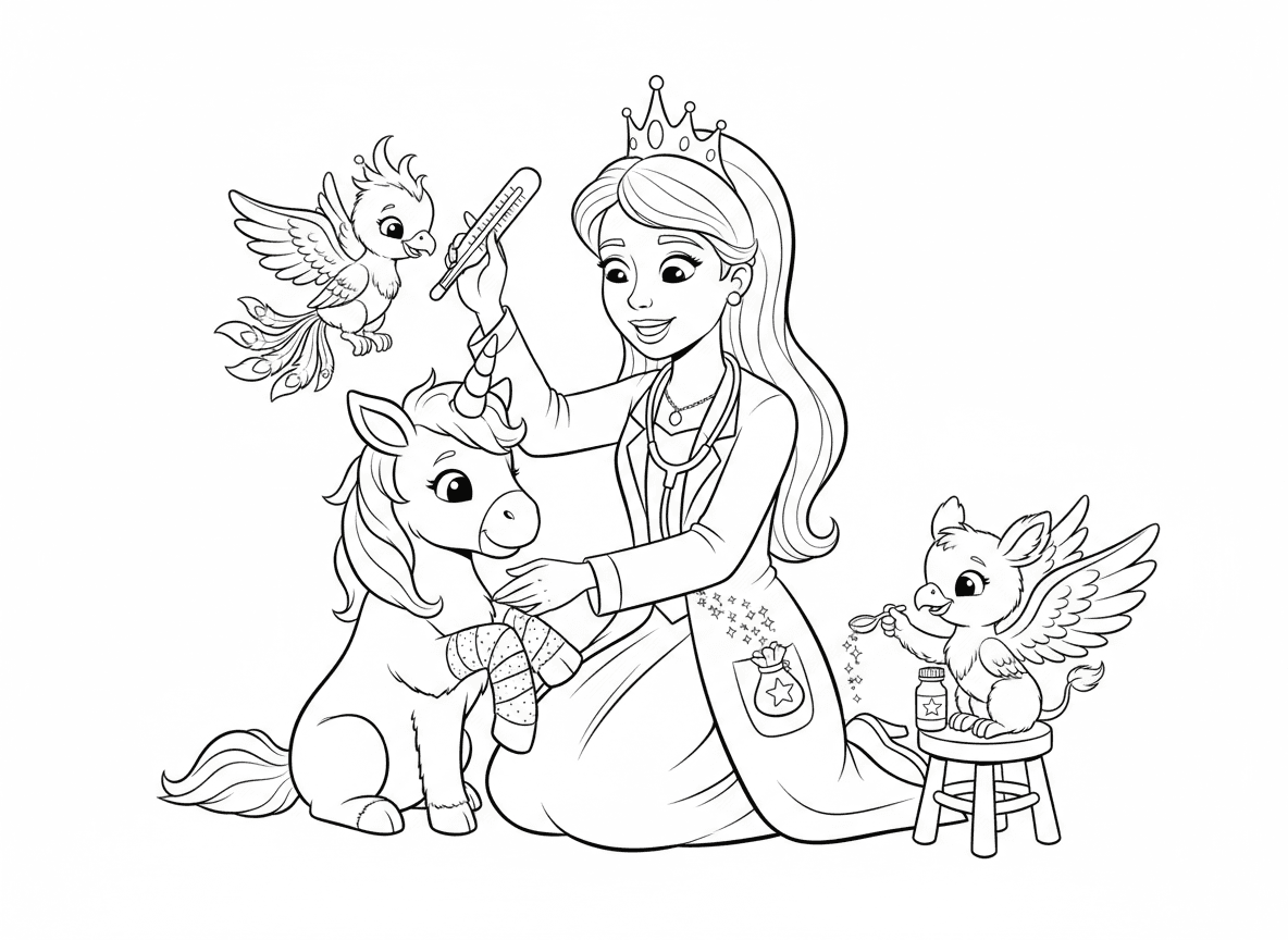 נסיכה וטרינרית מטפלת ביצורים קסומים - נסיכה וטרינרית במעיל לבן וכתר מטפלת בחיות קסומות, חובשת רגל של חד קרן תינוק, נותנת תרופה לגריפון זעיר, בודקת חום לעוף חול, סטטוסקופ אבקת פיות