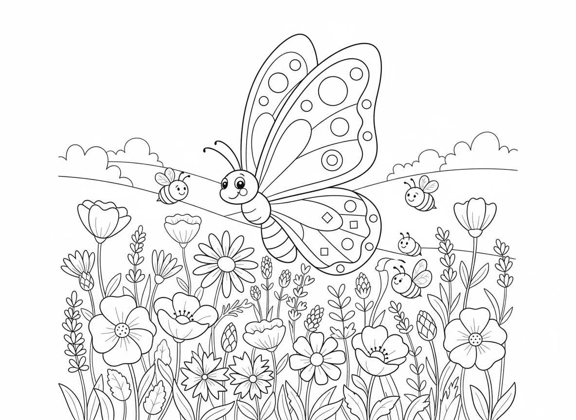 פרפר נוחת על שדה פרחי בר - פרפר גדול ומפורט עם דוגמאות כנפיים מורכבות נוחת על שדה צבעוני של פרחי בר, פרגים, חינניות, דרדרים, לבנדר, דבורים מזמזמות, גבעות עדינות ברקע