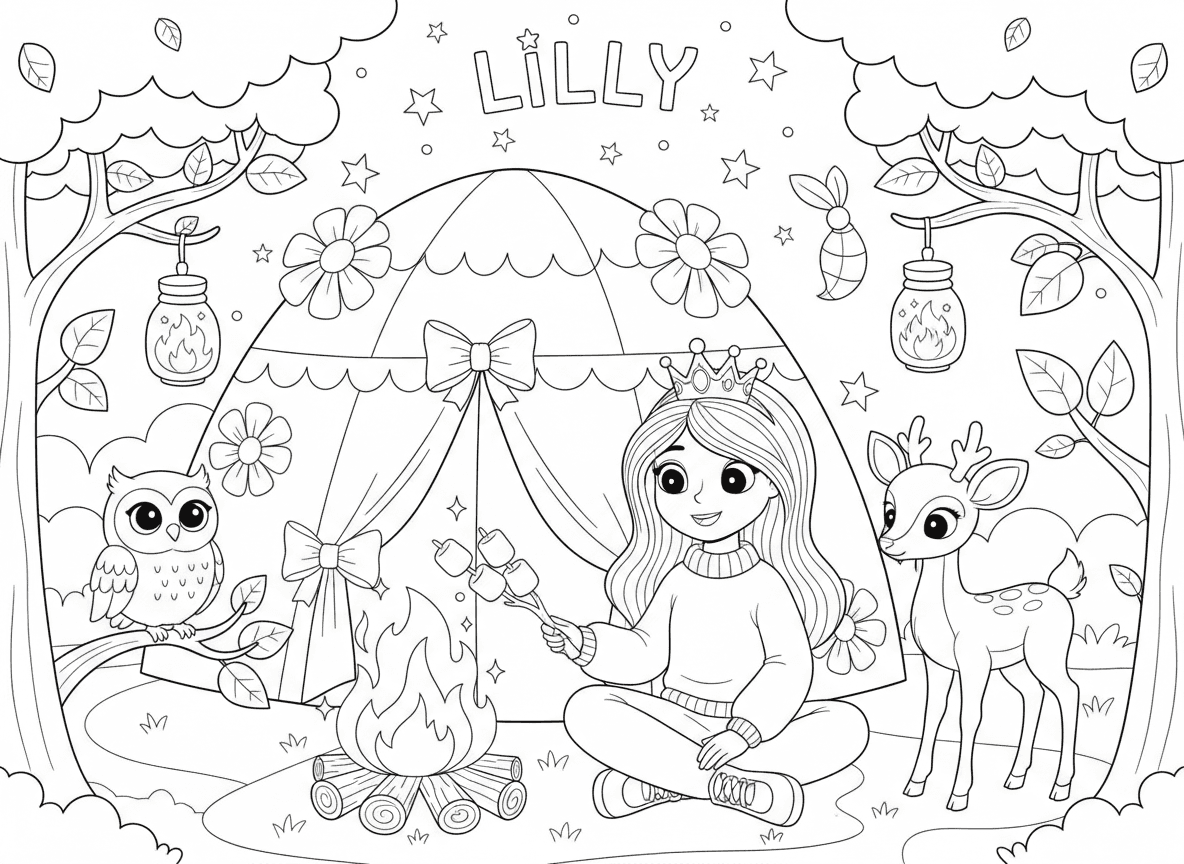 נסיכה בקמפינג ביער הקסום - נסיכה בקמפינג ביער קסום, אוהל מקושט בפרחים וסרטים, צולה מרשמלו על מדורה נוצצת, ינשוף ואייל חברים מבקרים, כוכבים מאייתים את שמה, פנסי גחליליות