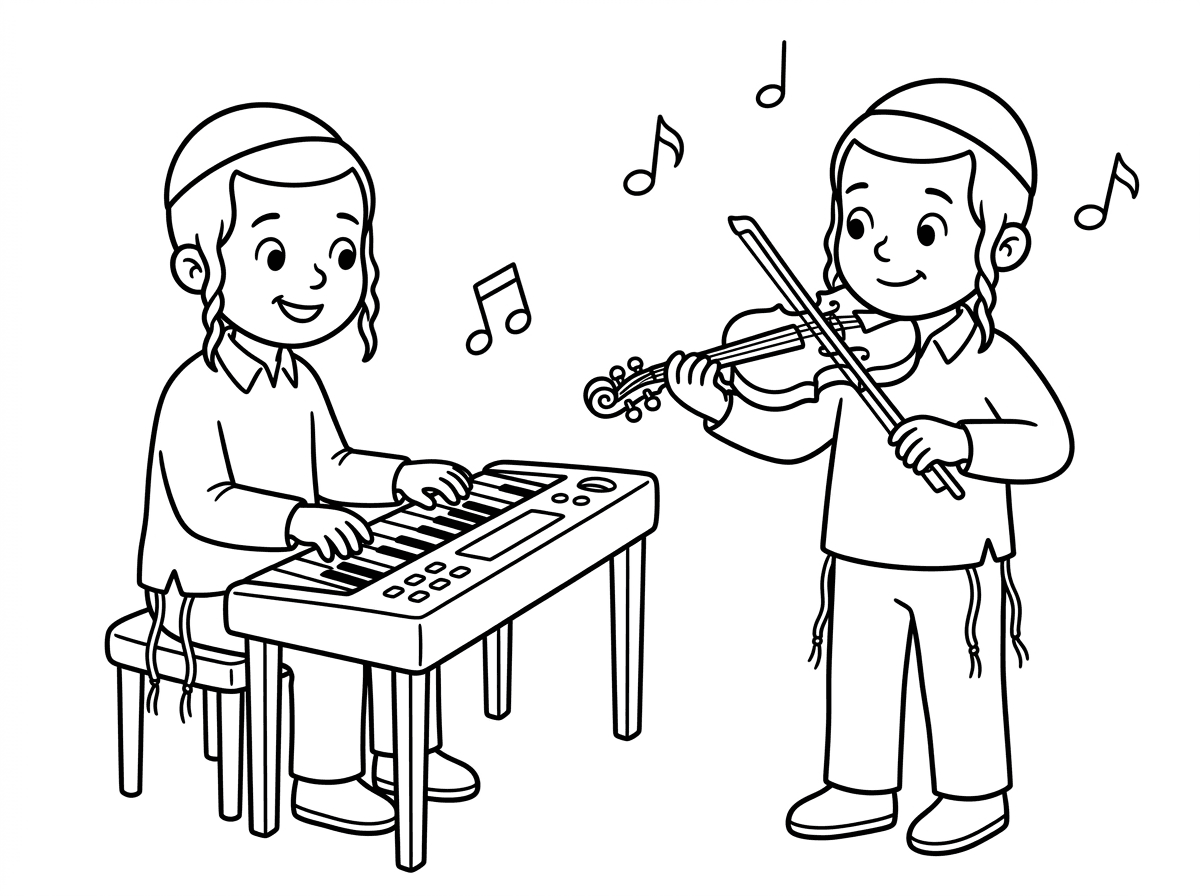 ציור של ילד חרדי עם כיפה ופיאות מנגן על אורגן וילד נוסף חרדי עם כיפה ופיאות מנגן על כינור