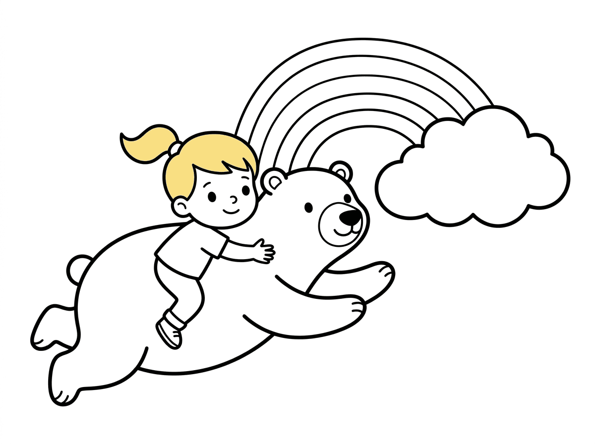 תודה!


נשמח לדף צביעה לפעוטות, קווים עבים יחסית ומעט פרטים, צורות פשוטות, דמויות מתוקות.

ילד עם קוקו בלונדיני ודב הקוטב הגדול והאוהב שלו מחובקים, עפים אל קשת וענן.