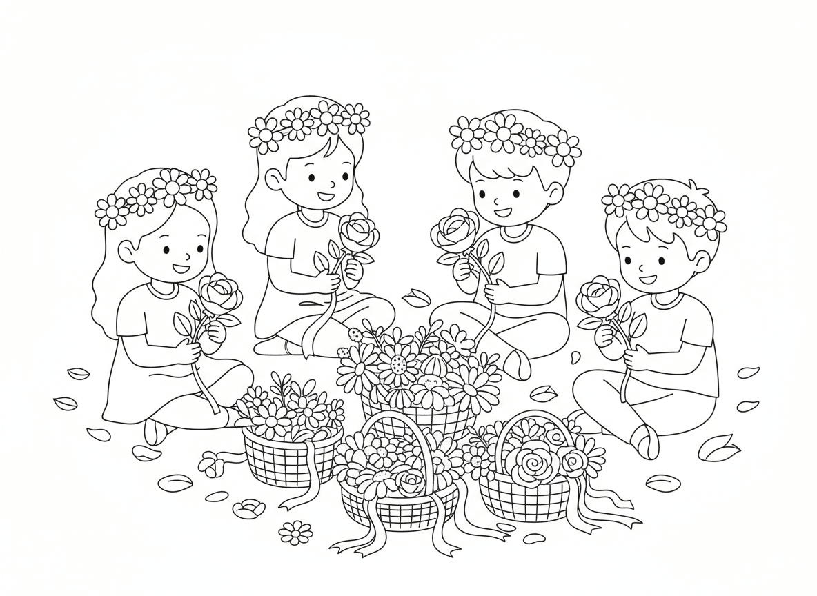 סדנת כתרי פרחים - ילדים יושבים במעגל ומכינים כתרי פרחים, סלים של פרחים שונים, חינניות ורדים ופרחי בר, סרטים ועלים, כתרים מוכנים על ראשים, עלי כותרת מפוזרים על הדשא