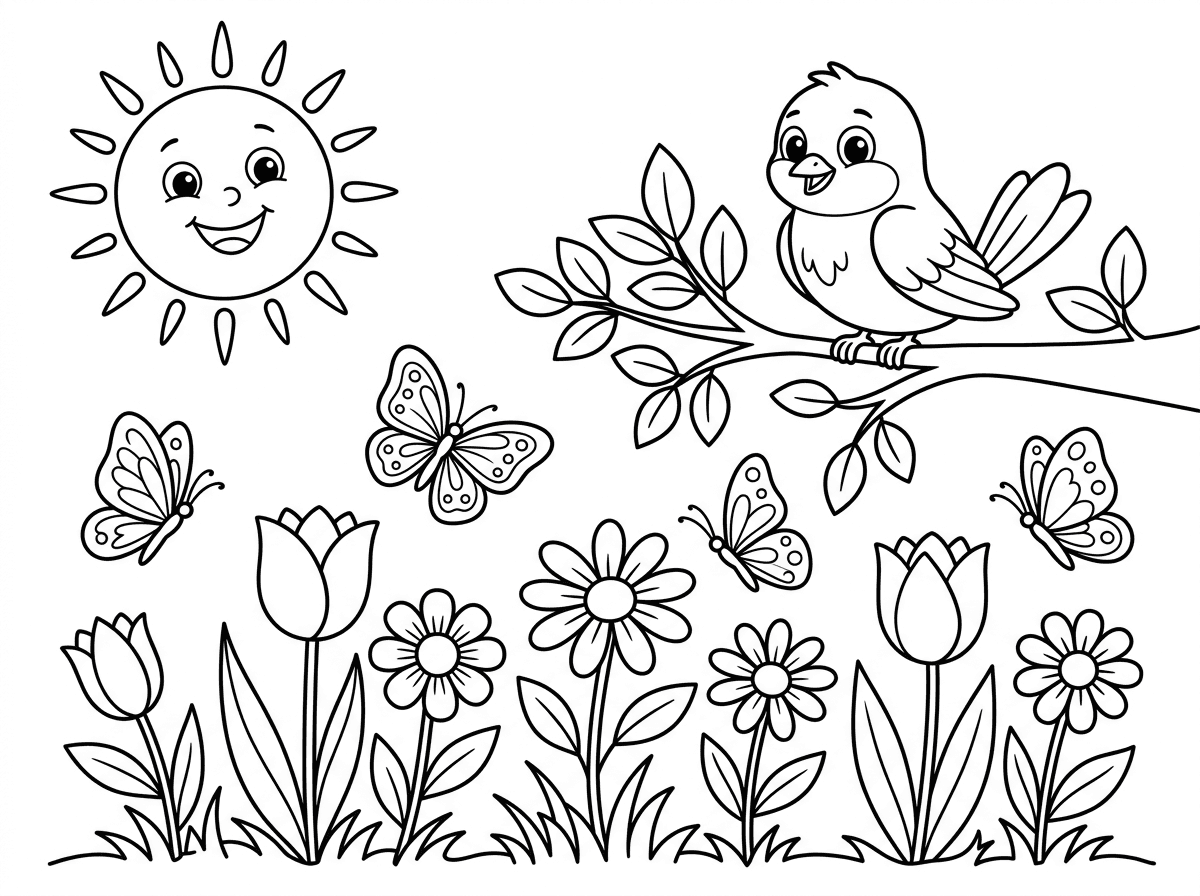תיצור לי דף צביעה לילדים בנושא אביב