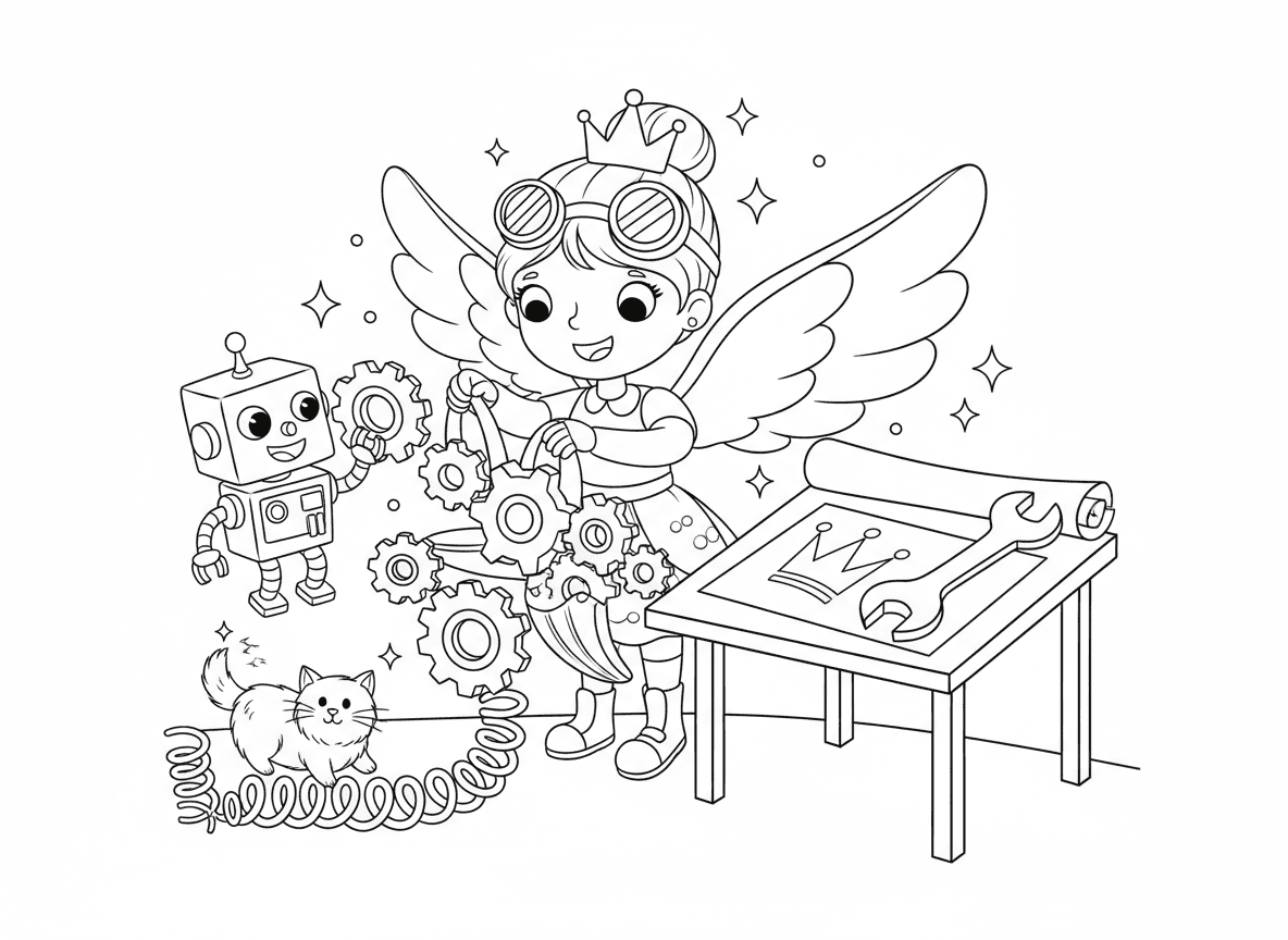 נסיכה ממציאה בסדנה שלה - נסיכה חכמה בסדנת ההמצאות שלה, חובשת משקפי מגן וכתר, בונה מכונת תעופה מגלגלי שיניים ונצנצים, רובוט עוזר, תוכניות עם עיצובי כתר, חתול מסובך בקפיצים