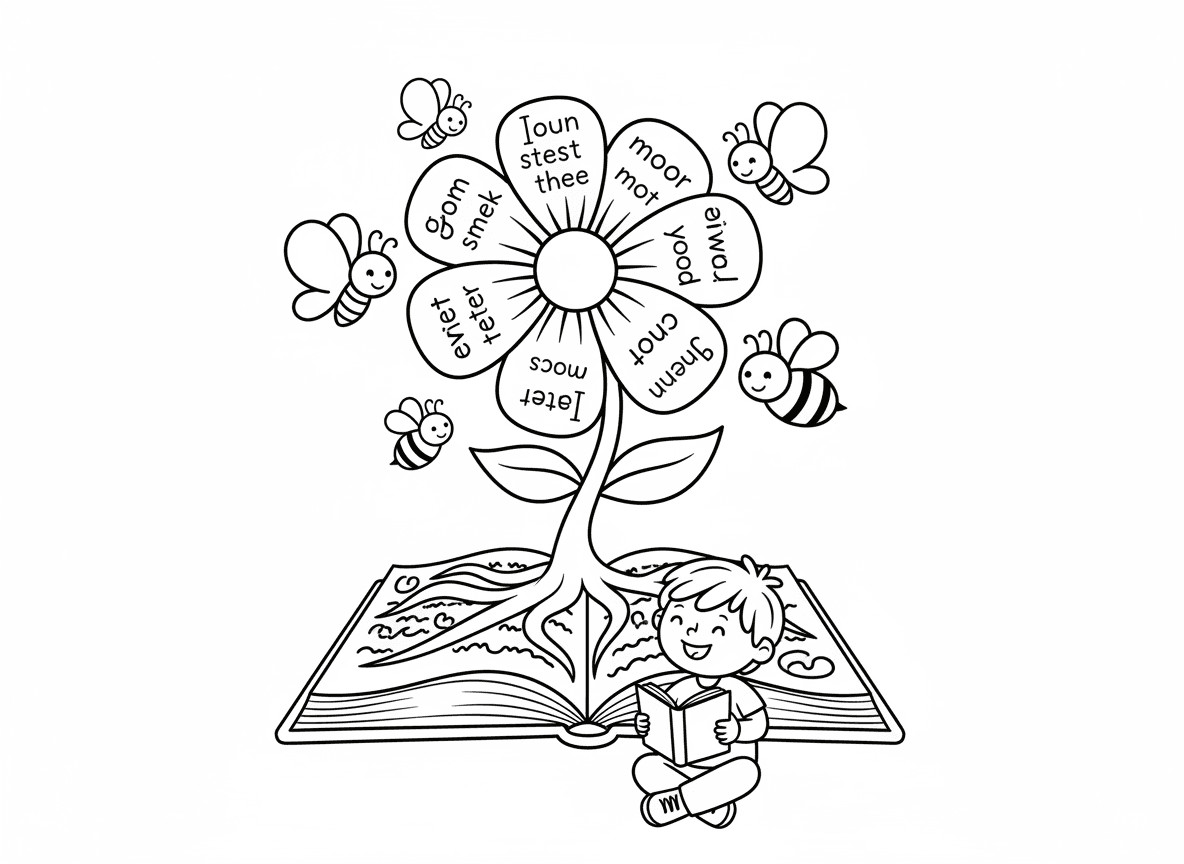 פרח קסום צומח מתוך ספר - פרח קסום ענק צומח מתוך ספר סיפורים פתוח, שורשים מתפשטים בין הדפים, עלי כותרת עשויים נייר עם טקסט, פרפרים ודבורים יוצאים מהמילים, ילד קורא למטה