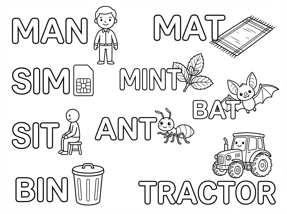 man, sim, mat, mint, ant, bat, sit, bin, tractor צייר את המילים האלו