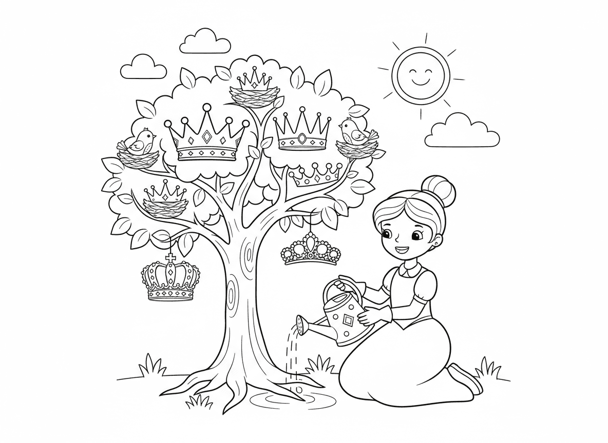 נסיכה גננת מגדלת עץ כתרים - נסיכה שותלת ומשקה עץ קסום שמגדל כתרים ונזרים במקום פירות, סגנונות כתר שונים על כל ענף, משפך עם אבני חן, ציפורים מקננות בענפי הכתרים