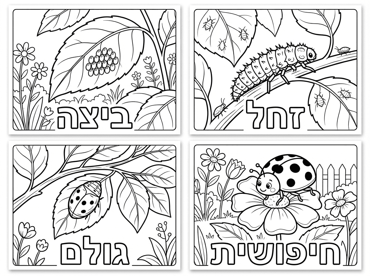 תכין לי בבקשה דף צביעה גלגולה של חיפושית
4 דפים שונים עם כיתוב ורקע תואם