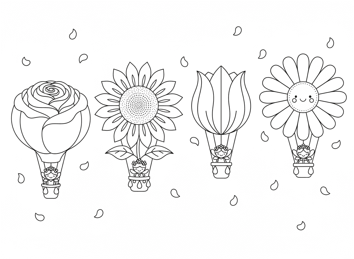 כדורים פורחים בצורת פרחים - כדורים פורחים בצורת פרחים שונים מרחפים בשמיים, כדור ורד, כדור חמנייה, כדור צבעוני, כדור חיננית, סלים זעירים עם נוסעות פיות פרחים, קונפטי עלי כותרת נופל