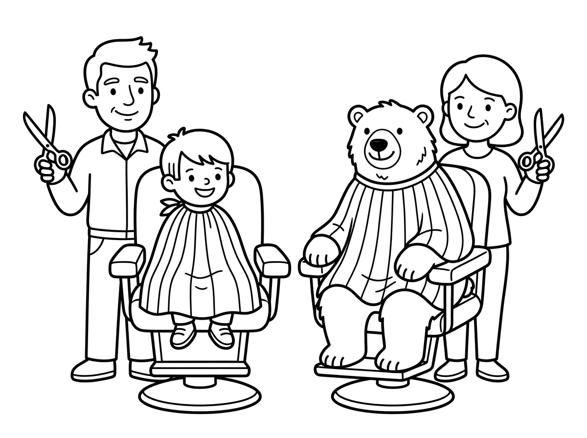 מעולה, תודה רבה. בבקשה תשאיר הכול שחור לבן בלי לצבוע.

דף צביעה לפעוטות. אותו ילד פעוט מקודם, בן 3, אצל הספר אחרי תספורת, עם שיער קצוץ ומעט "פאות" *ישרות* או גליות, ולא מסולסלות (קווצה של שיער טיפה יותר ארוך לפני האוזן או מוכנסת מאחוריה ומציצה מעבר לאוזן). קווים עבים יחסית, מעט פרטים.
גם דב הקוטב האוהב של הילד הוא אחרי תספורת: 

רואים את הילד והדב, שניהם בכיסאות, מחייכים. מאחורי כל אחד מהם ספר נחמד ומחייך עם מספריים מונפים. שניהם עם חלוקי מספרה.