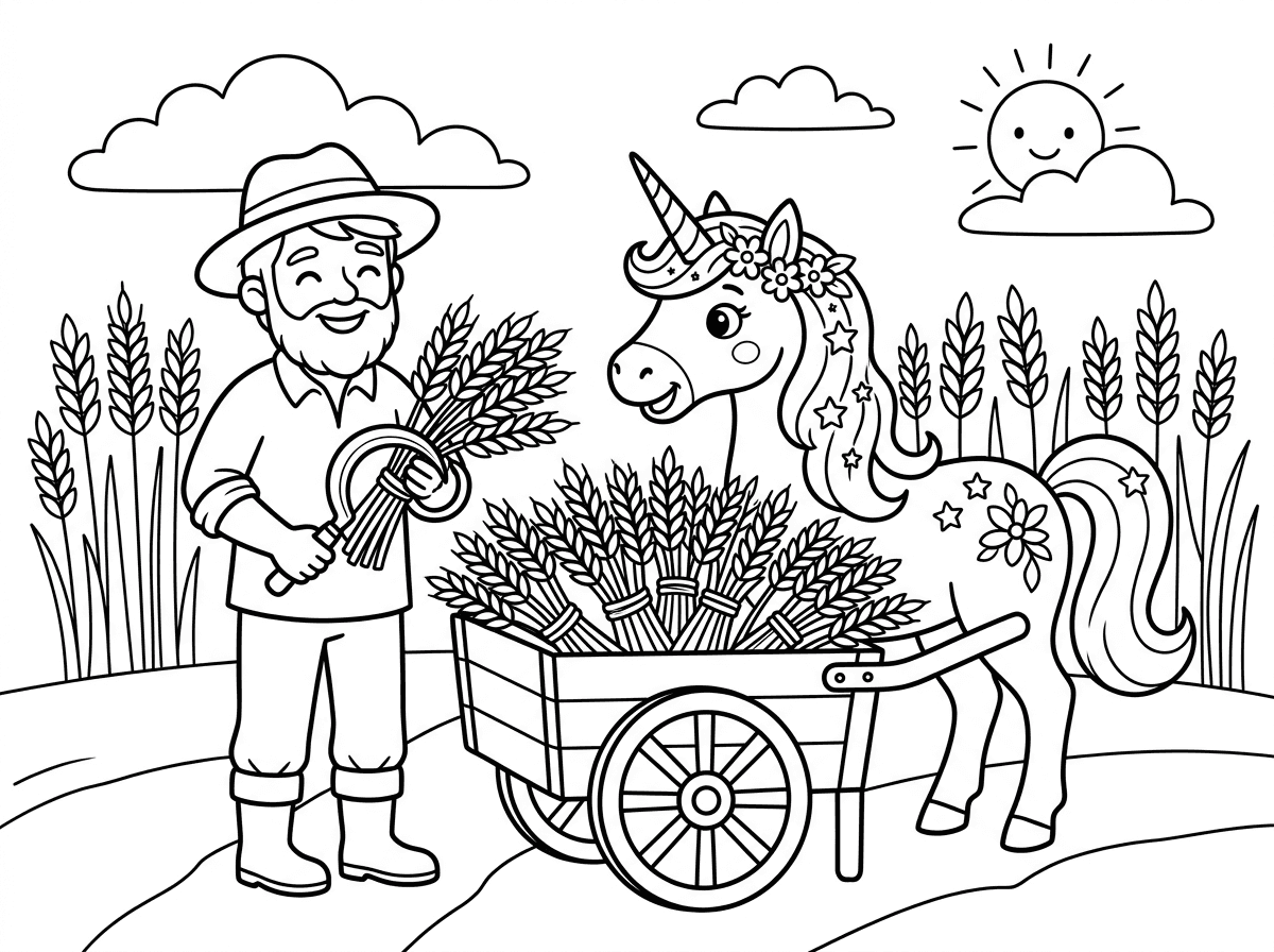 חד קרן שעומד ליד עגלה עם חיטה ולידו יש איש והם ביחד קוטפים חיטה