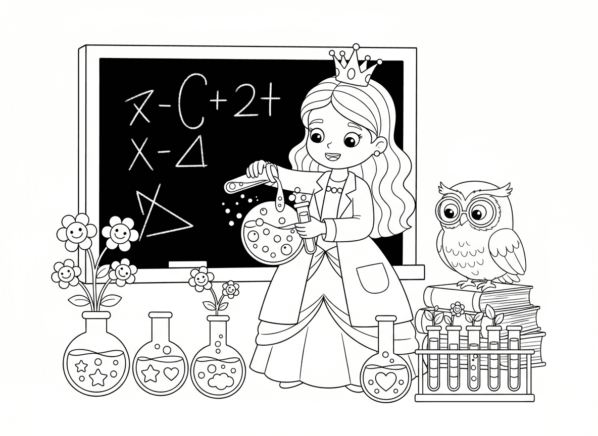 נסיכה מדענית עם שיקויים - נסיכה במעיל מעבדה וכתר מערבבת שיקויים צבעוניים במעבדה מלכותית, כוסות מבעבעות, שיקוי שמגדל פרחים, מבחנות עם נוזלי קשת, ינשוף עוזר חכם, נוסחת קסם על הלוח