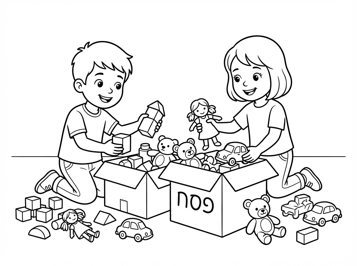 ילד עוזר לאחותו לסדר  למיין את המשחקים לפסח