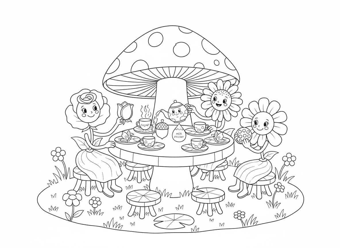 מסיבת תה של פרחים - פרחים עושים מסיבת תה על שולחן פטרייה, ורד מוזג תה מקומקום עלי כותרת, חיננית אוכלת עוגייה, כוסות צבעוני, צלחות עלים, קערת סוכר מבלוט, כד חלב מטיפת טל, מפיות פרפר