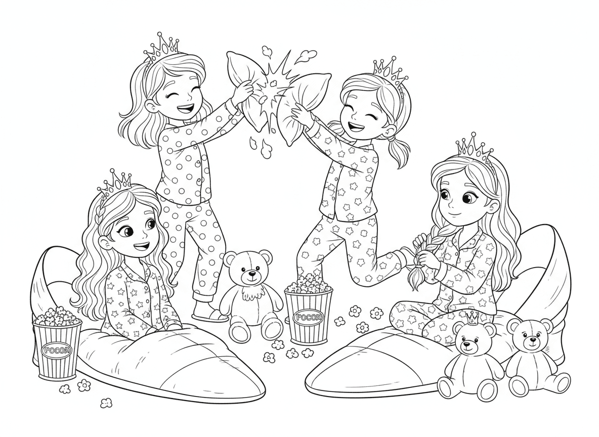 מסיבת פיג׳מות של נסיכות - נסיכות בפיג׳מות חמודות ונזרים עושות לילה לבן, קרב כריות עם כריות בצורת כוכב, קערות פופקורן, קולעות שיער אחת לשנייה, שקי שינה בצורת נעלי זכוכית, דובונים