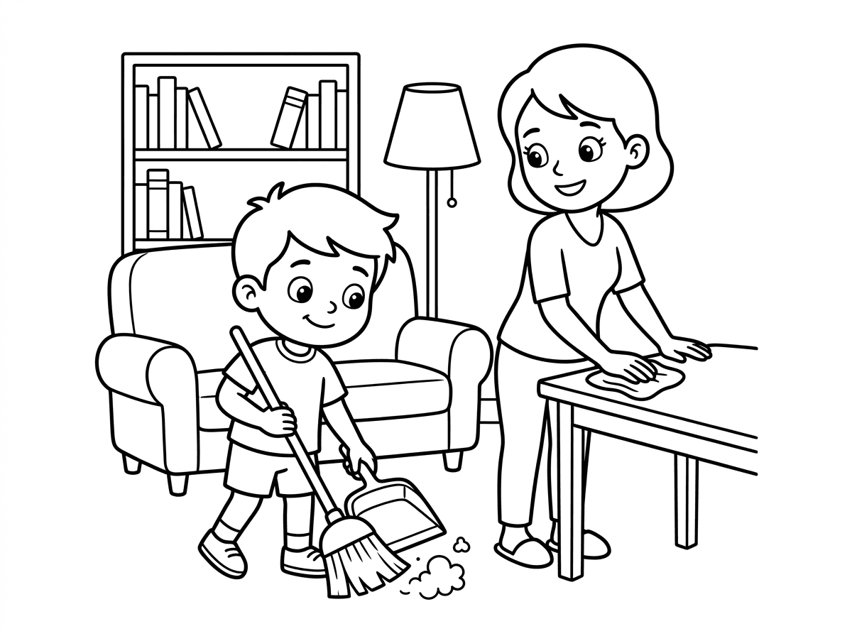 ילד עוזר לאמא לנקות את הבית