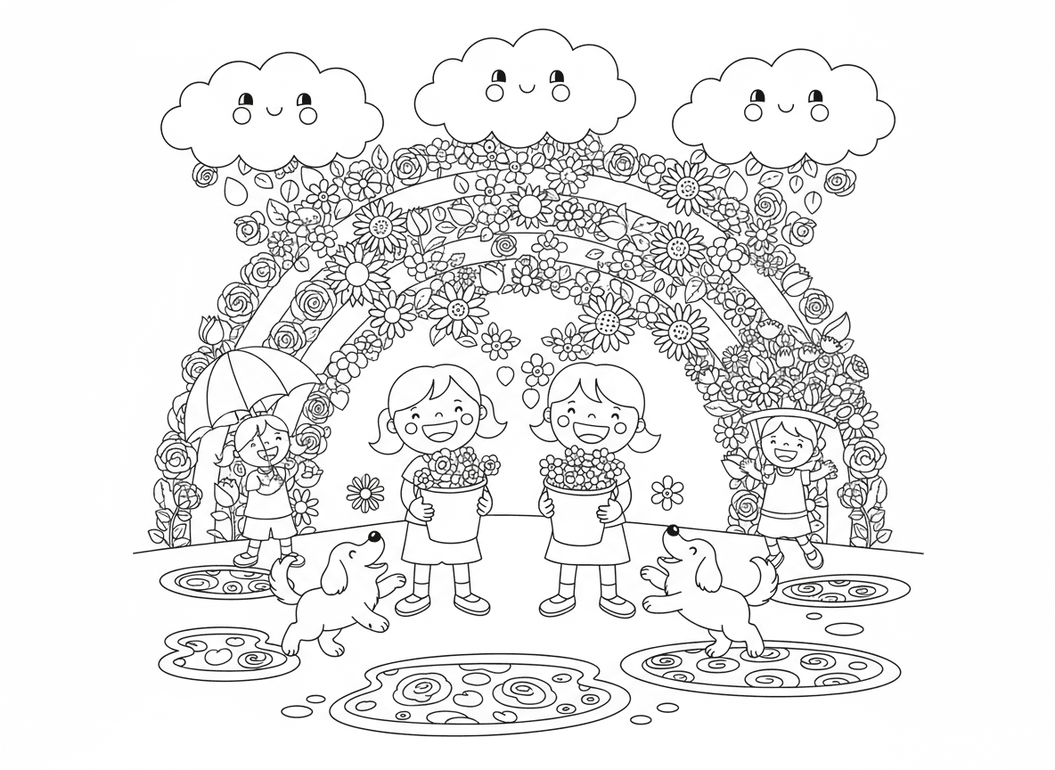 גשם פרחים מעננים - עננים מורידים גשם של פרחים במקום מים, ילדים תופסים פרחים בדליים, כלבים תופסים פרחים בפה, שלוליות של עלי כותרת, קשת של פרחים, מטריות תופסות זרים